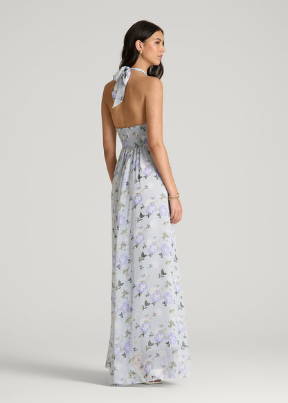 Chiffon Maxi Halter Garden Dress for Tall Women in Grey and Lilac Floral