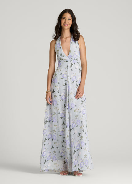 Chiffon Maxi Halter Garden Dress for Tall Women in Grey and Lilac Floral 10 / Extra Tall / Grey and Lilac Floral
