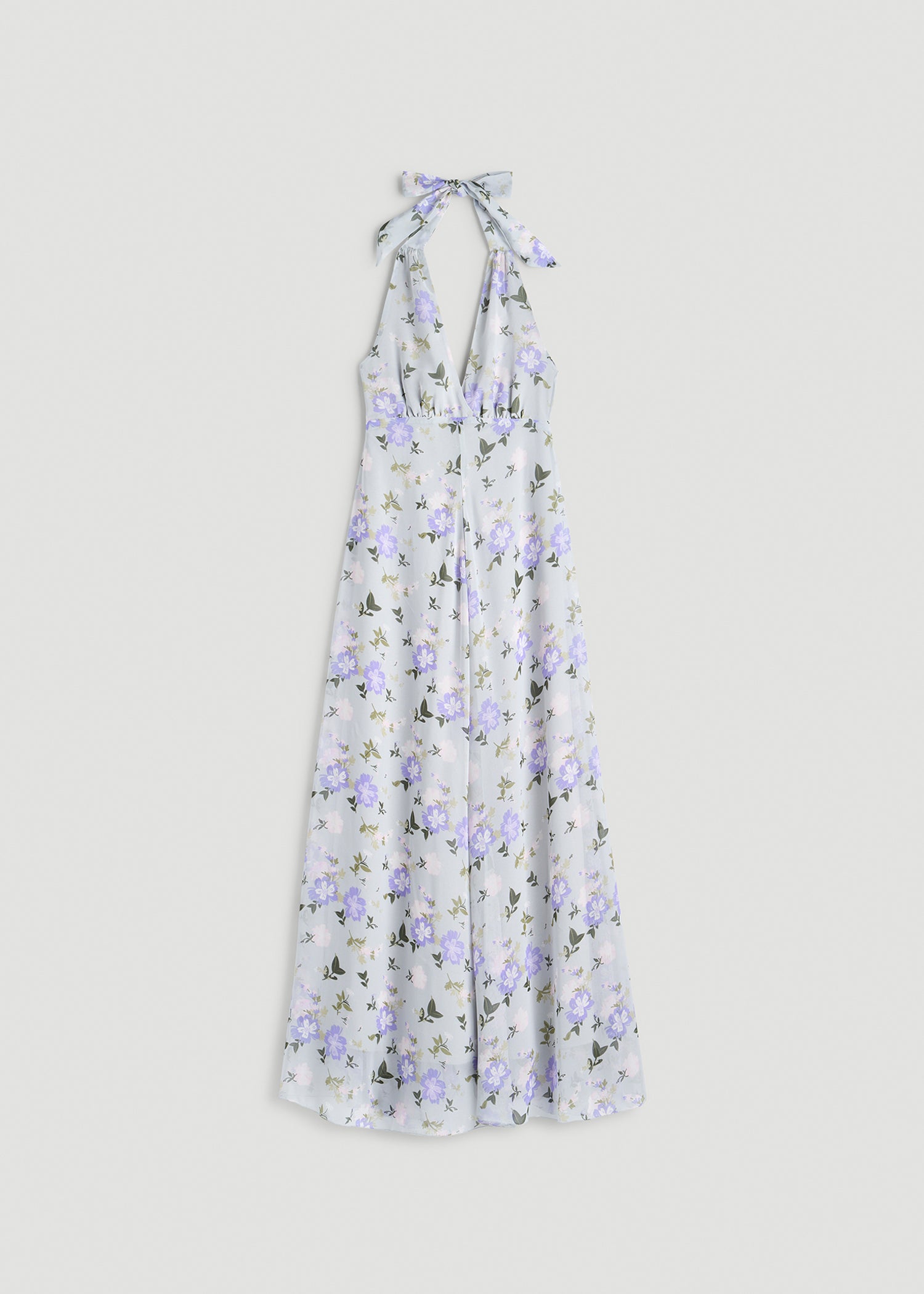 Chiffon Maxi Halter Garden Dress for Tall Women in Grey and Lilac Floral