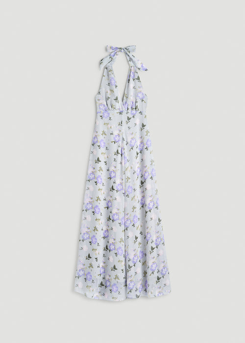 Chiffon Maxi Halter Garden Dress for Tall Women in Grey and Lilac Floral
