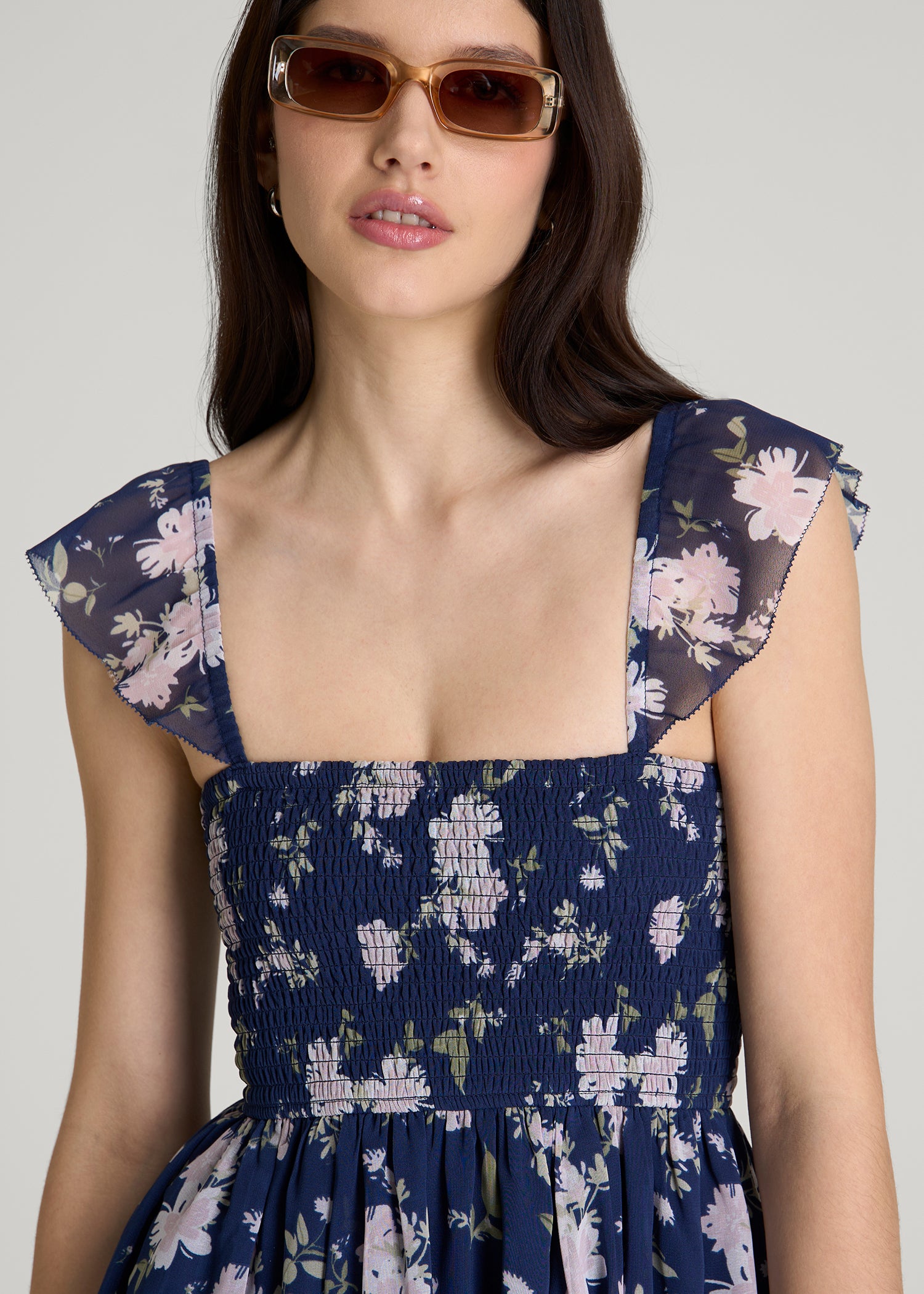 Chiffon Mini Gumdrop Dress for Tall Women in Dark Navy Floral