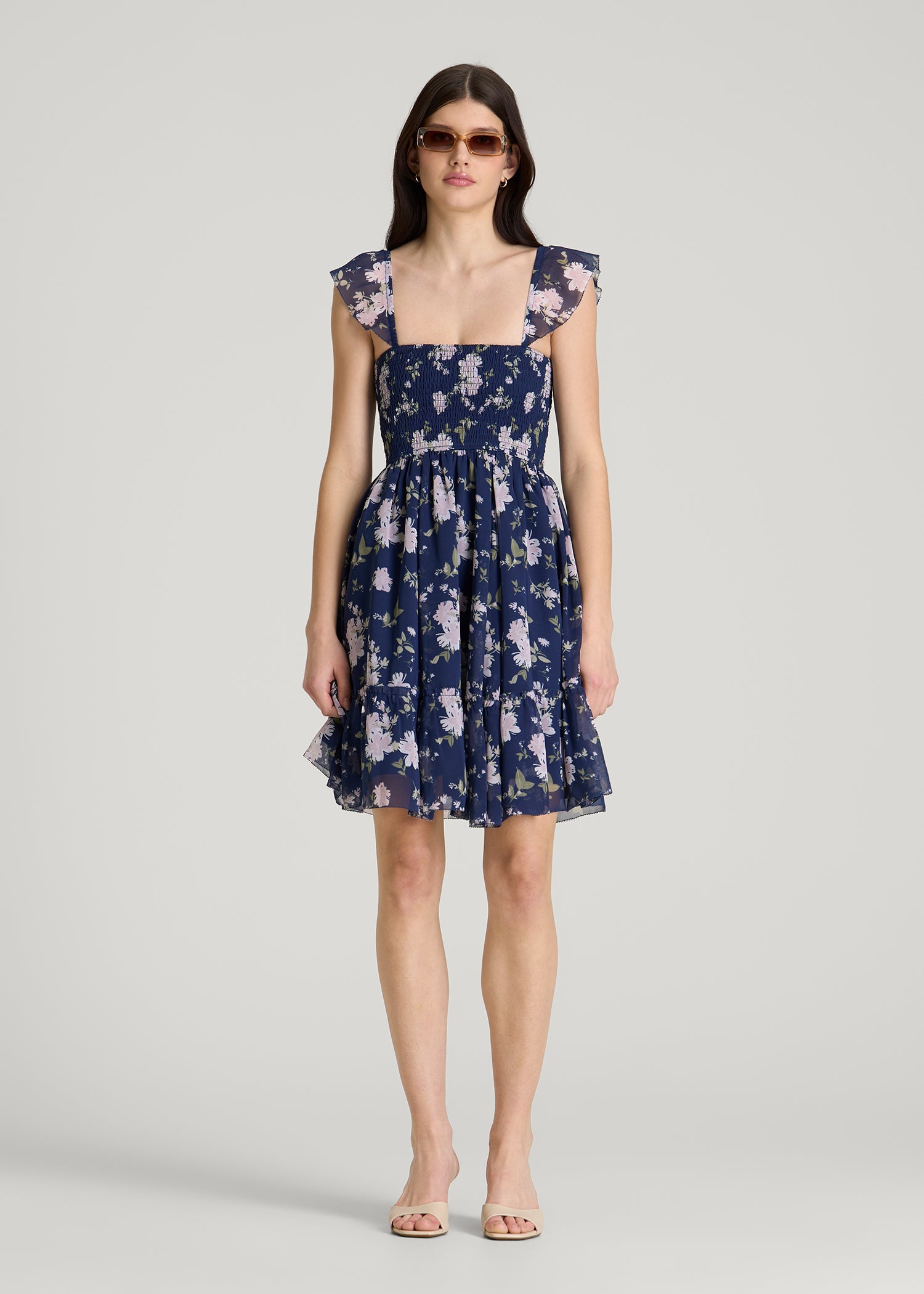 Chiffon Mini Gumdrop Dress for Tall Women in Dark Navy Floral