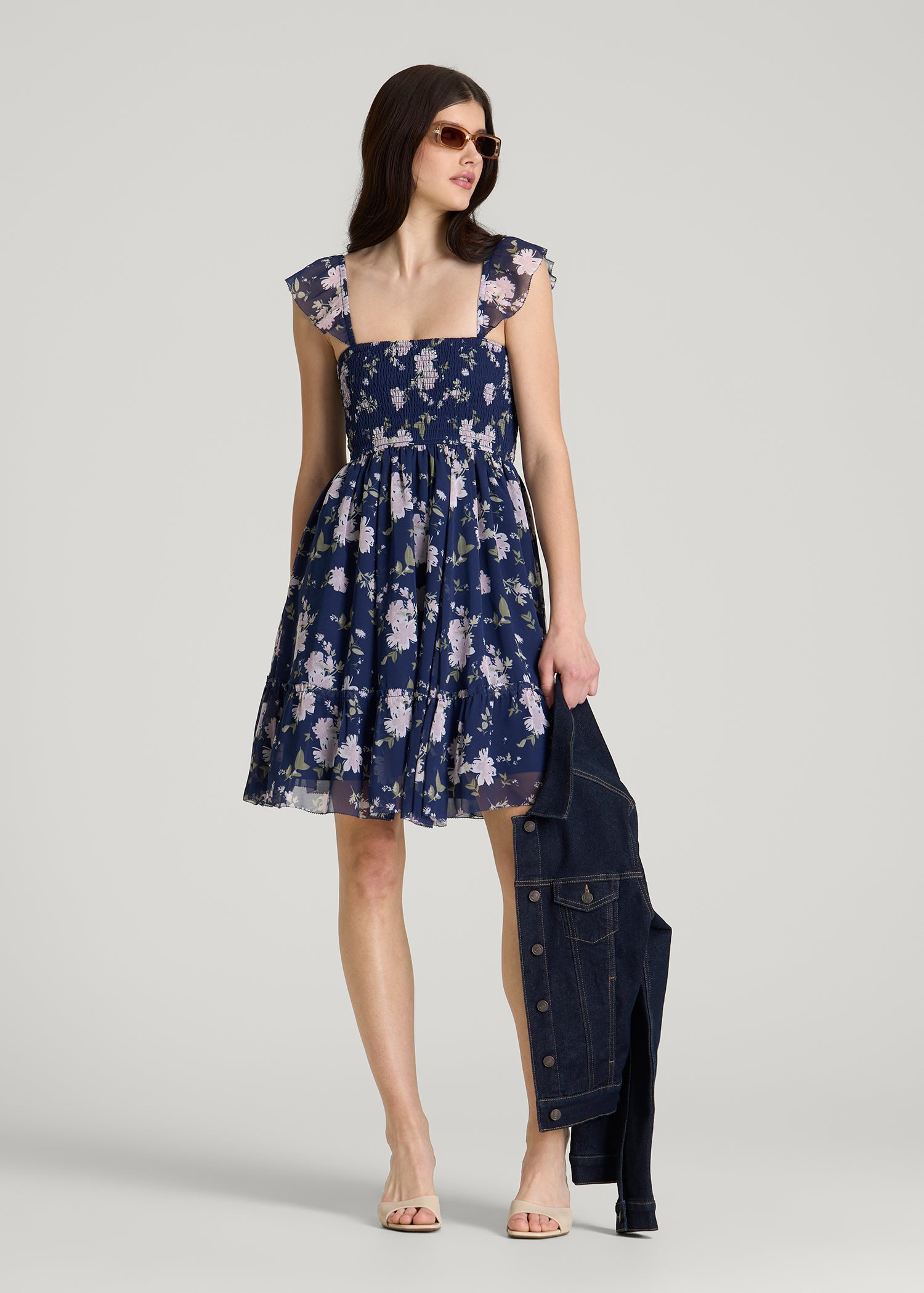 Chiffon Mini Gumdrop Dress for Tall Women in Dark Navy Floral