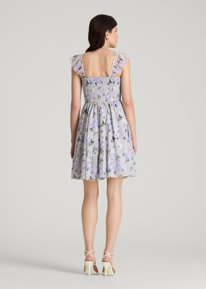 Chiffon Mini Gumdrop Dress for Tall Women in Grey and Lilac Floral