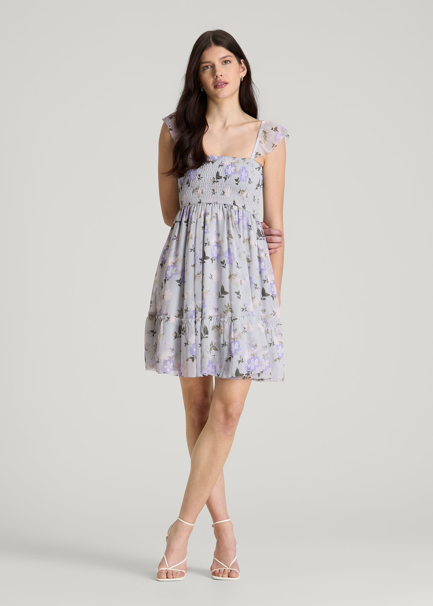 Chiffon Mini Gumdrop Dress for Tall Women in Grey and Lilac Floral XL / Tall / Grey and Lilac Floral