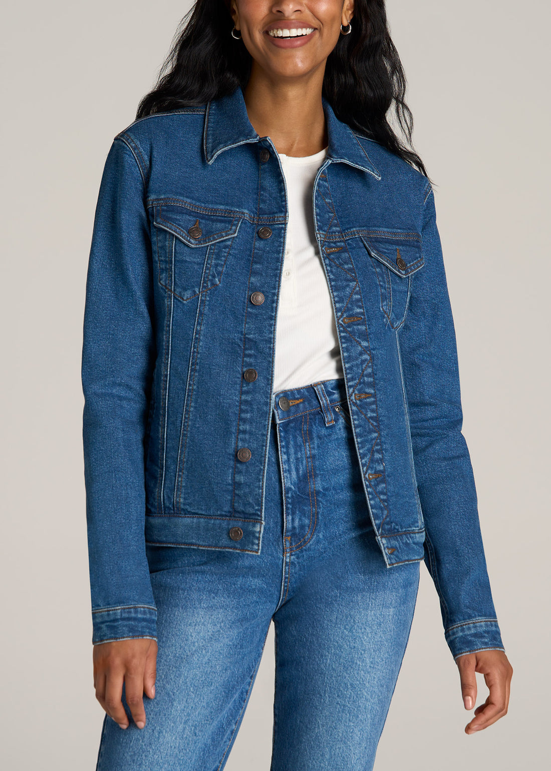 Tall woman wearing Denim Jacket in Blue 90's Wash by American Tall