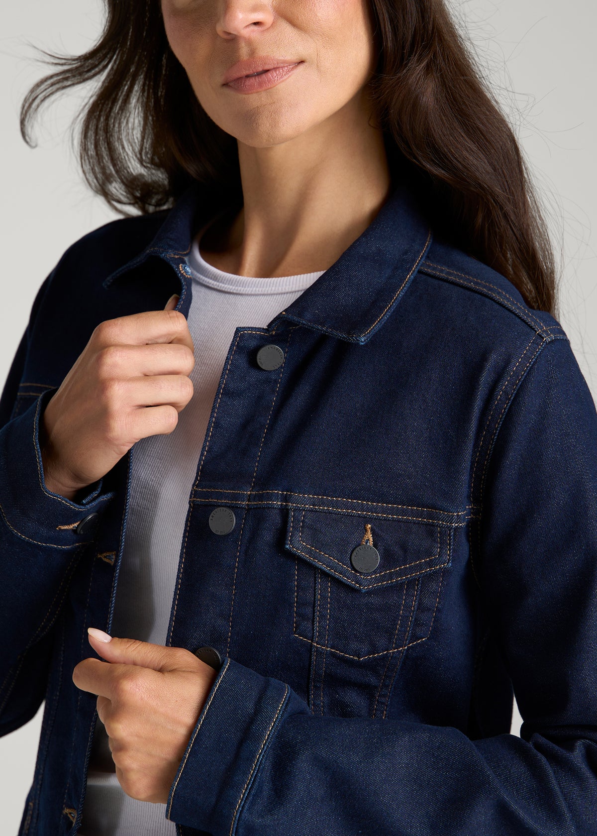 Classic Denim Jacket for Tall Women in Deep Indigo Wash