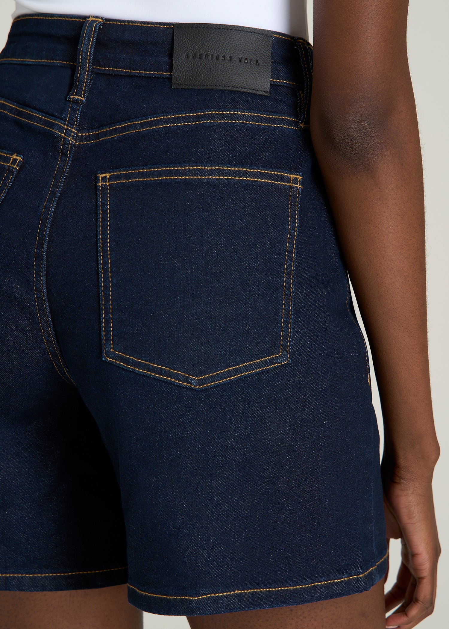 Stretch Denim Shorts for Tall Women in Deep Indigo Wash