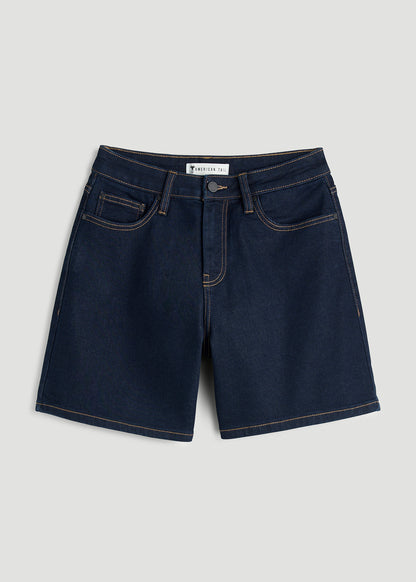 Stretch Denim Shorts for Tall Women in Deep Indigo Wash
