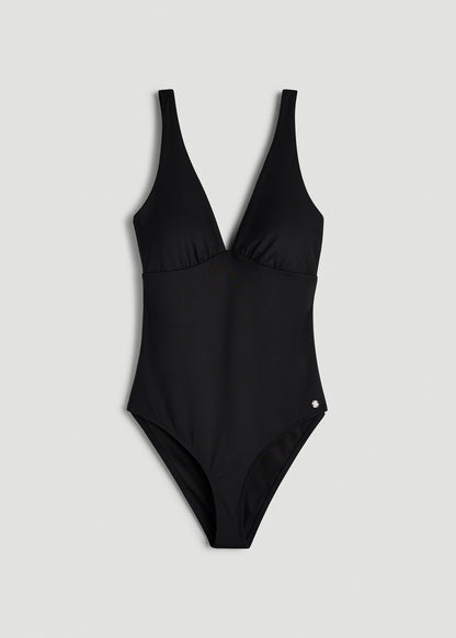 Classic V-Neck One Piece Swimsuit for Tall Women in Deep Black