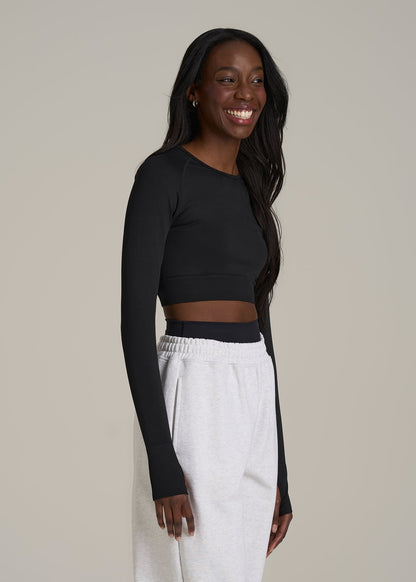 Compression Long Sleeve Cropped Training Top for Tall Women in Black