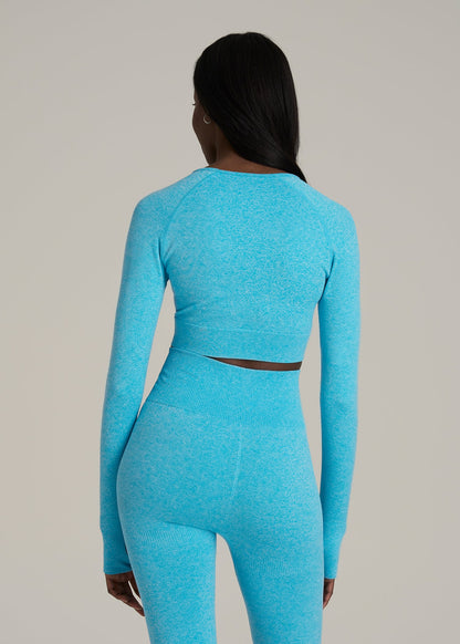 Compression Long Sleeve Cropped Training Top for Tall Women in Scuba Blue Mix