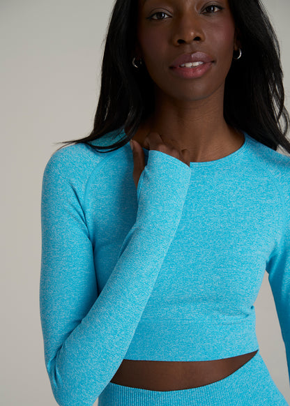 Compression Long Sleeve Cropped Training Top for Tall Women in Scuba Blue Mix