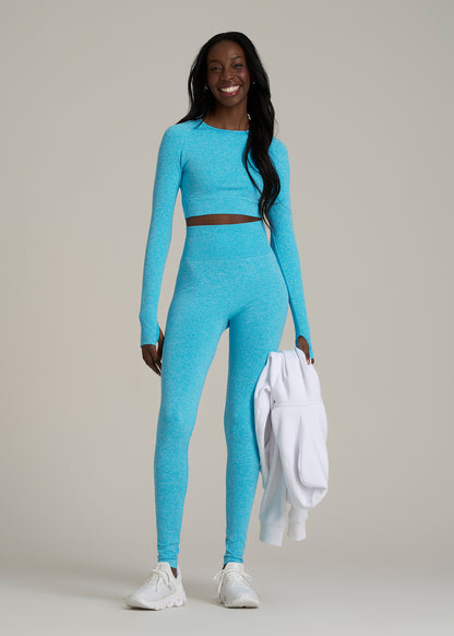 Compression Long Sleeve Cropped Training Top for Tall Women in Scuba Blue Mix