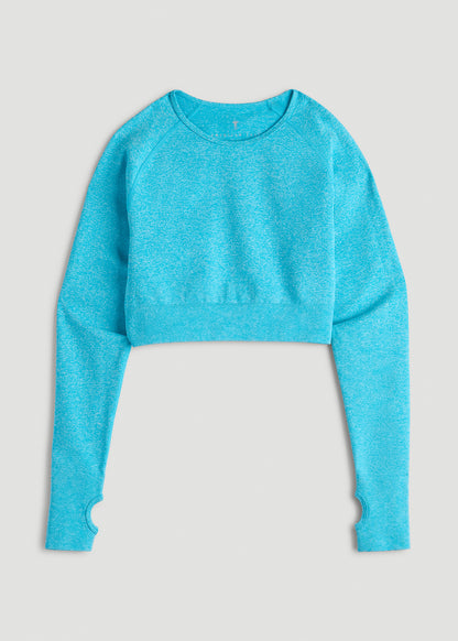 Compression Long Sleeve Cropped Training Top for Tall Women in Scuba Blue Mix