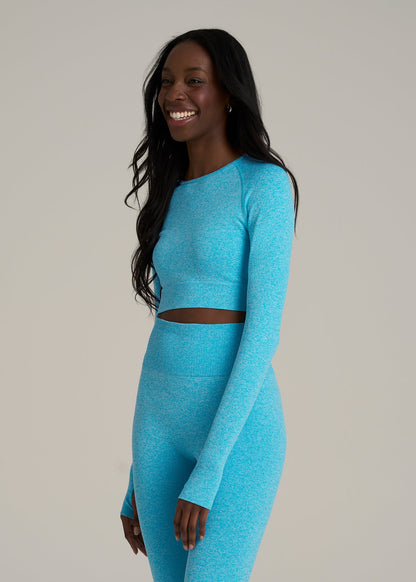 Compression Long Sleeve Cropped Training Top for Tall Women in Scuba Blue Mix