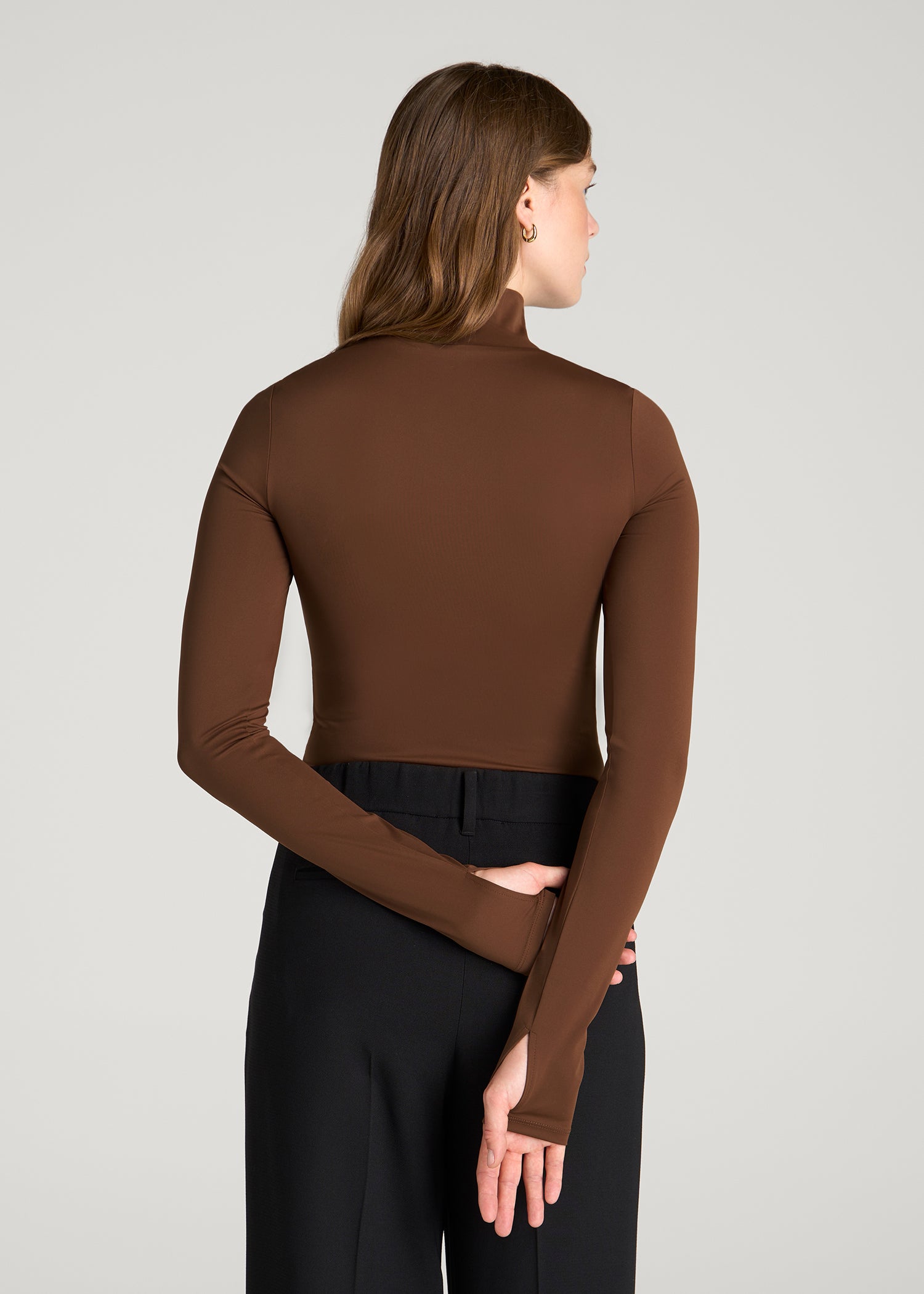 Contour Jersey Long Sleeve Turtleneck Bodysuit for Tall Women in Deep Caramel
