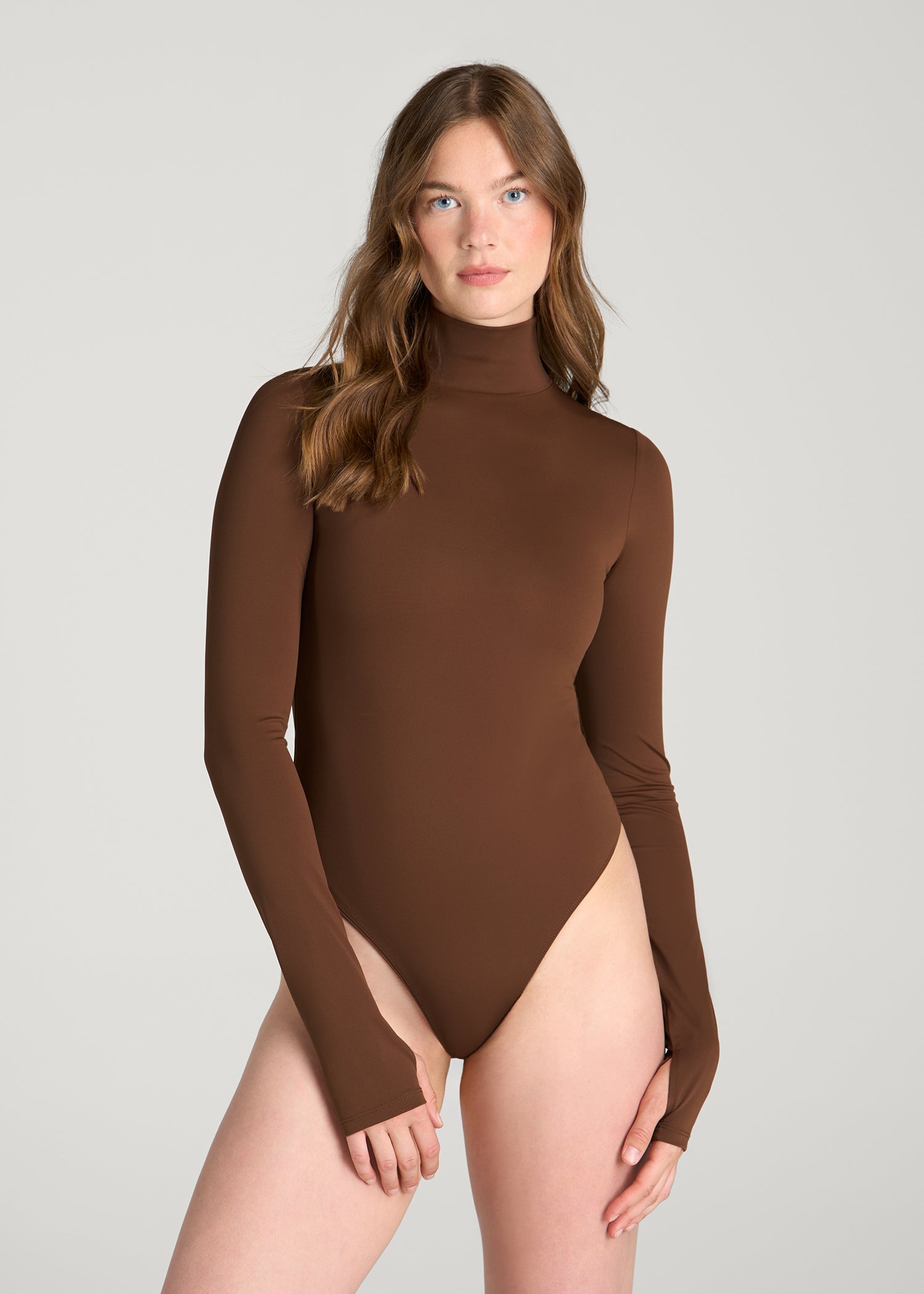 Contour Jersey Long Sleeve Turtleneck Bodysuit for Tall Women in Deep Caramel