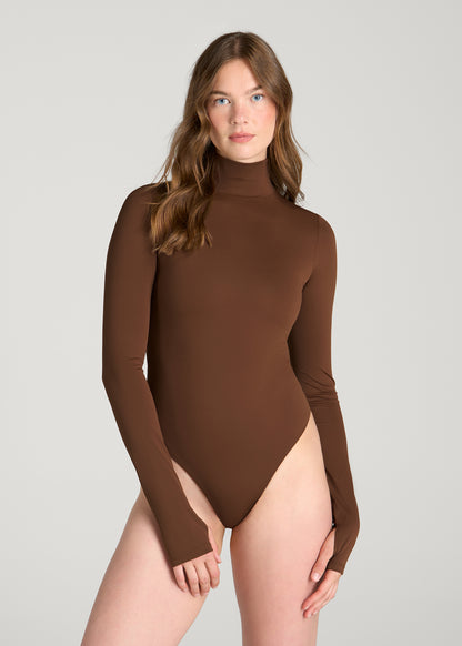 Contour Jersey Long Sleeve Turtleneck Bodysuit for Tall Women in Deep Caramel