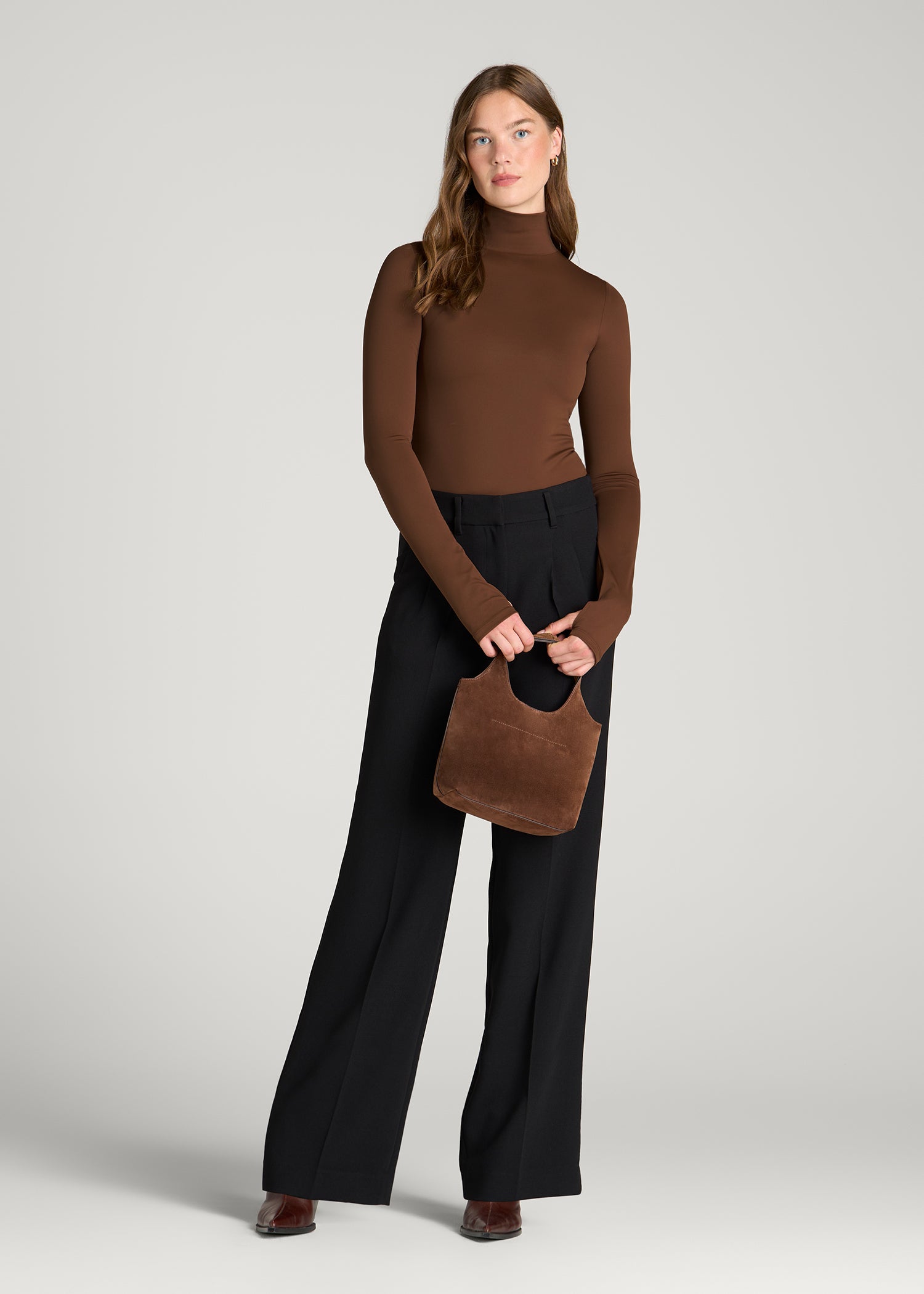 Contour Jersey Long Sleeve Turtleneck Bodysuit for Tall Women in Deep Caramel