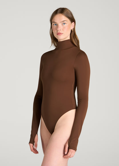 Contour Jersey Long Sleeve Turtleneck Bodysuit for Tall Women in Deep Caramel