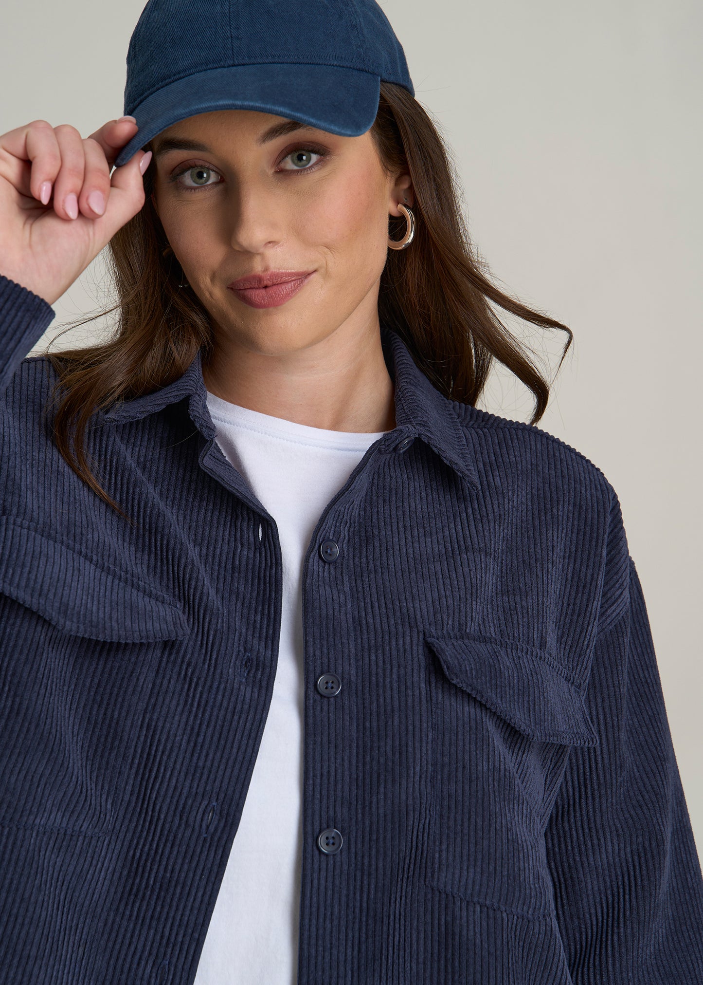 Corduroy Button Shirt for Tall Women in Navy