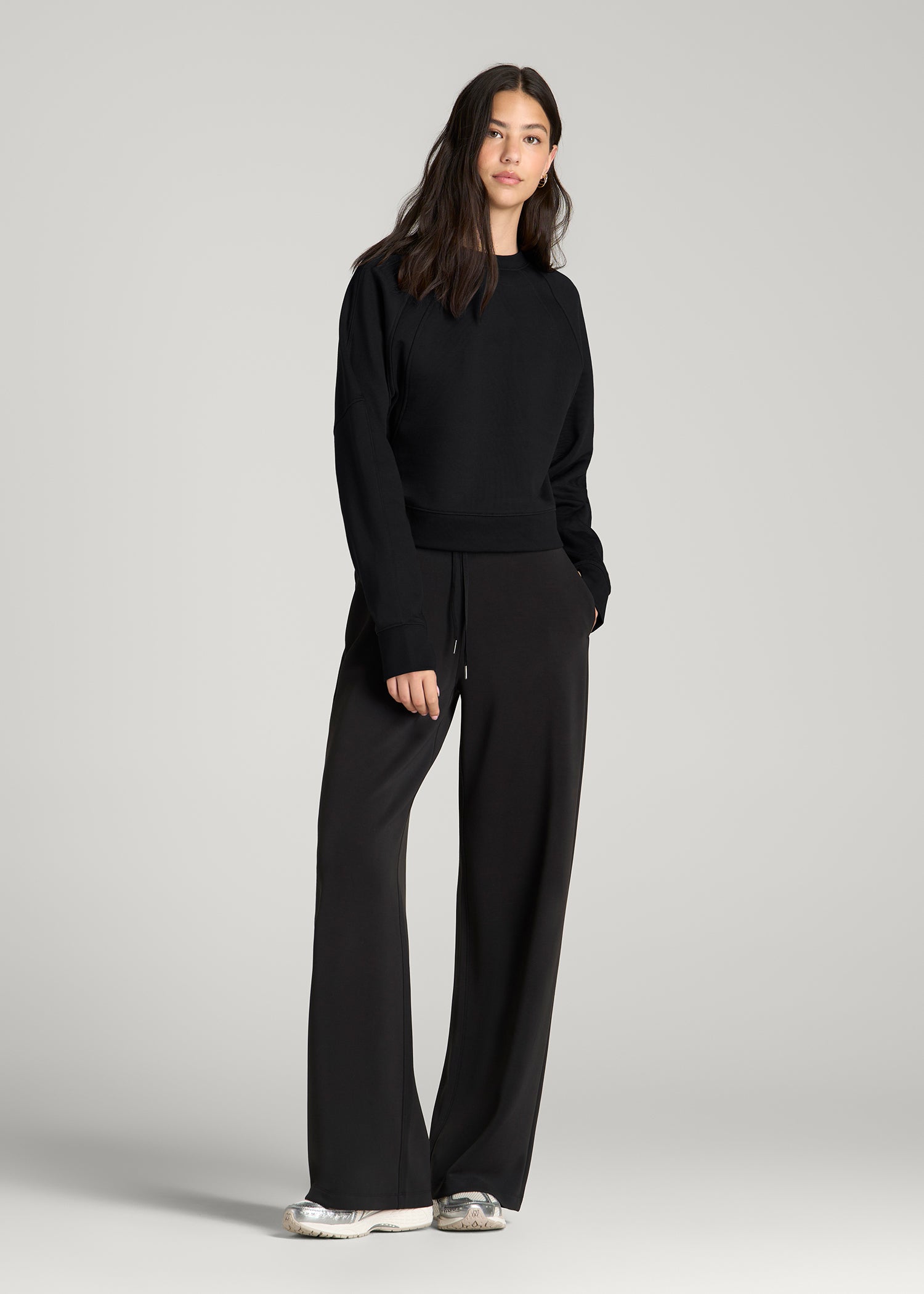 Core Motion Oversized Cropped Crew Pullover for Tall Women in Black