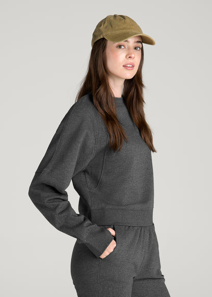 Core Motion Oversized Cropped Crew Pullover for Tall Women in Charcoal Mix
