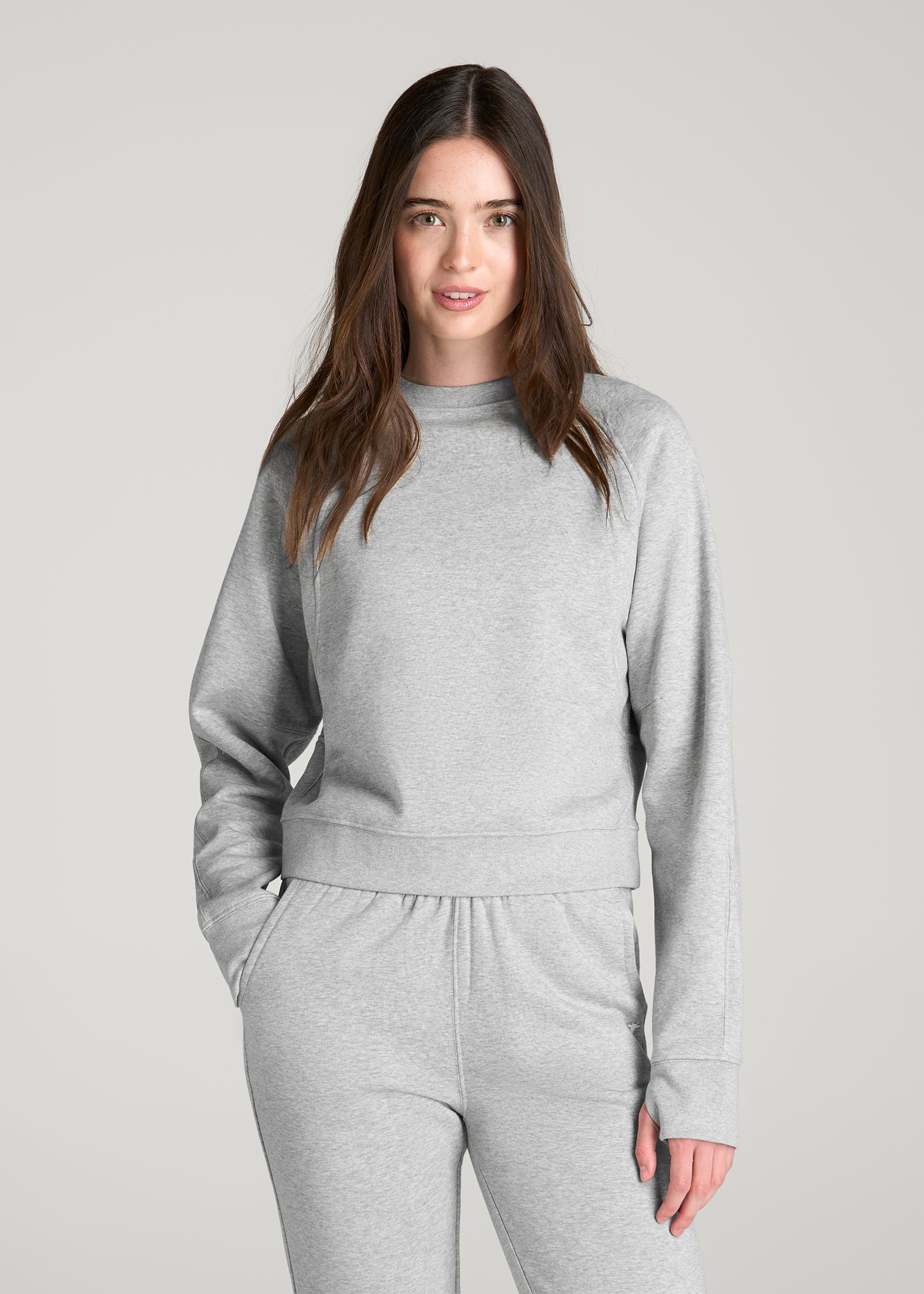 Core Motion Oversized Cropped Crew Pullover for Tall Women in Grey Mix