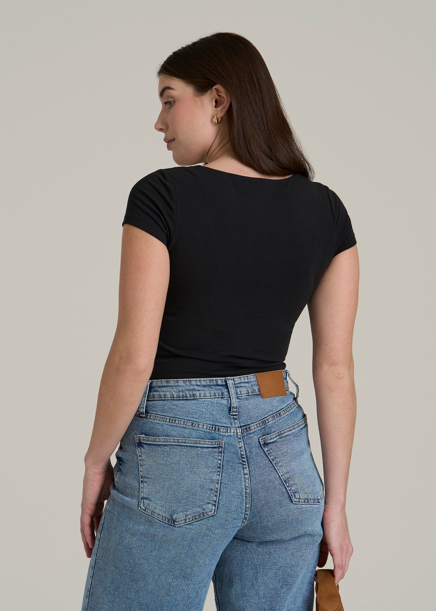 Cotton Blend Short Sleeve Square Neck Bodysuit for Tall Women in Black