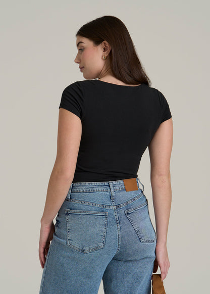 Cotton Blend Short Sleeve Square Neck Bodysuit for Tall Women in Black