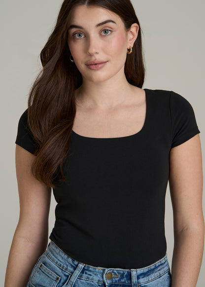 Cotton Blend Short Sleeve Square Neck Bodysuit for Tall Women in Black