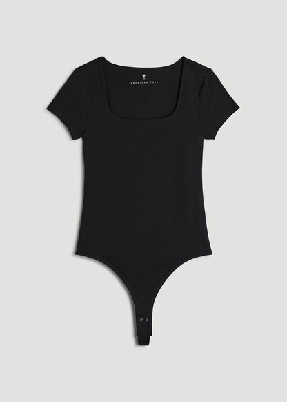 Cotton Blend Short Sleeve Square Neck Bodysuit for Tall Women in Black