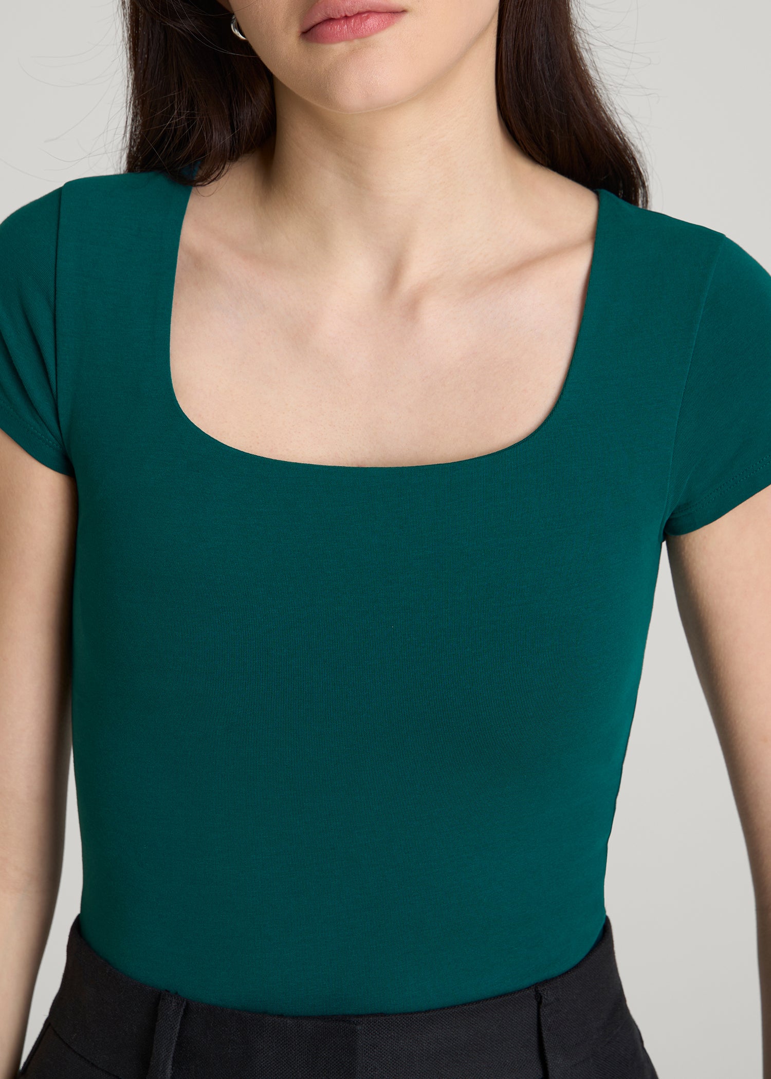 Cotton Blend Short Sleeve Square Neck Bodysuit for Tall Women in Deep Teal