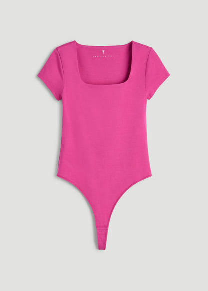 Cotton Blend Short Sleeve Square Neck Bodysuit for Tall Women in Magenta