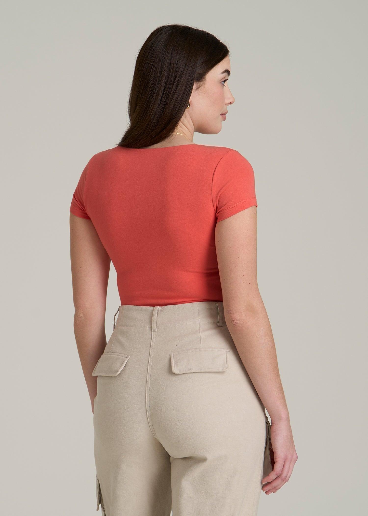 Cotton Blend Short Sleeve Square Neck Bodysuit for Tall Women in Sunset Coral