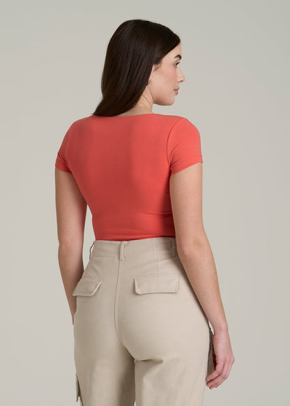 Cotton Blend Short Sleeve Square Neck Bodysuit for Tall Women in Sunset Coral