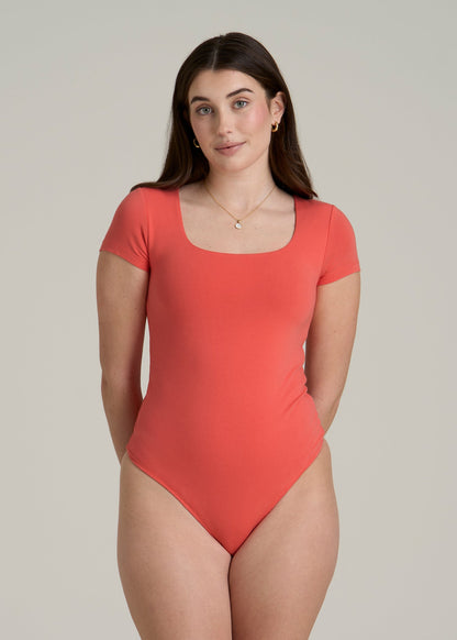 Cotton Blend Short Sleeve Square Neck Bodysuit for Tall Women in Sunset Coral
