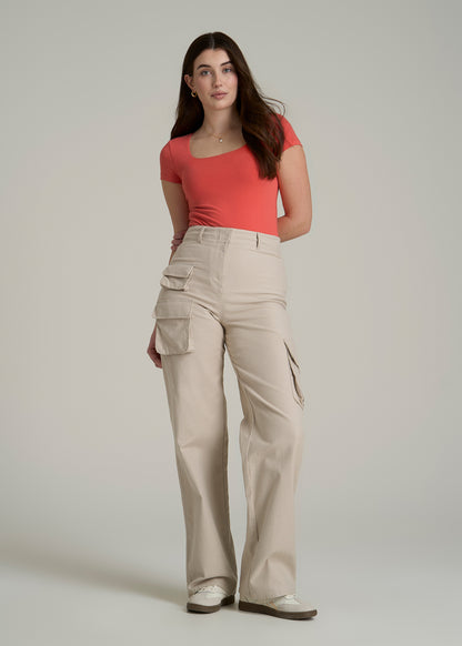 Cotton Blend Short Sleeve Square Neck Bodysuit for Tall Women in Sunset Coral