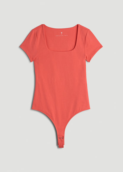Cotton Blend Short Sleeve Square Neck Bodysuit for Tall Women in Sunset Coral