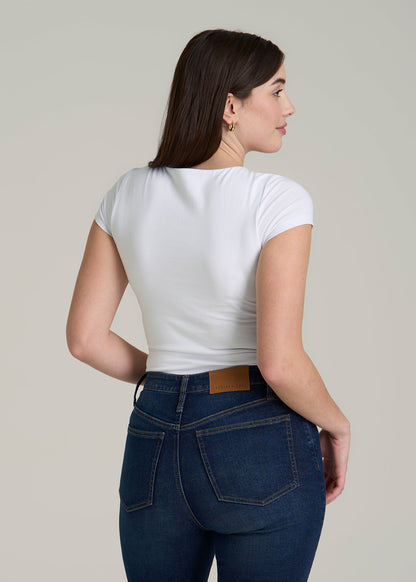 Cotton Blend Short Sleeve Square Neck Bodysuit for Tall Women in White