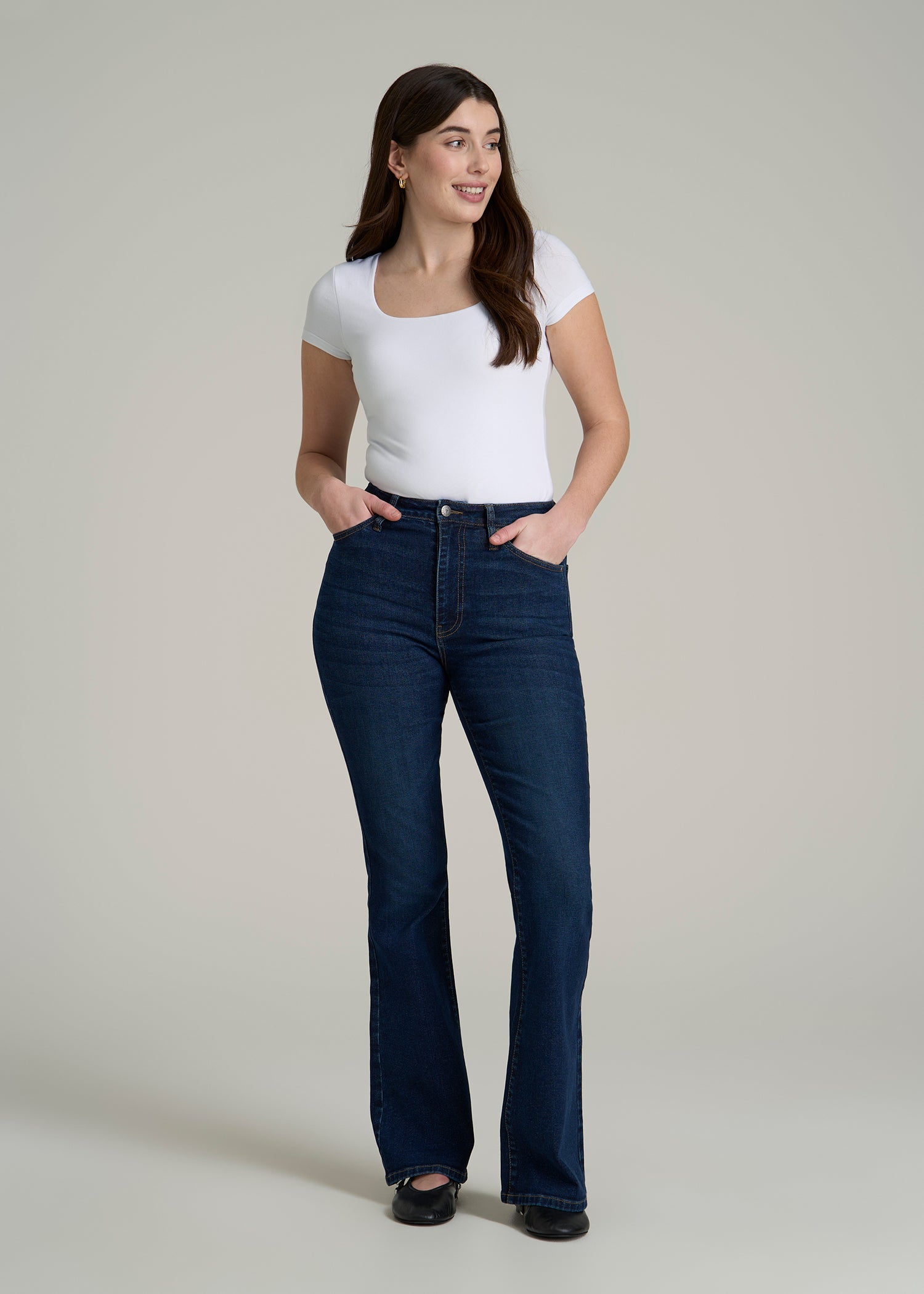 Cotton Blend Short Sleeve Square Neck Bodysuit for Tall Women in White