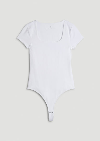Cotton Blend Short Sleeve Square Neck Bodysuit for Tall Women in White
