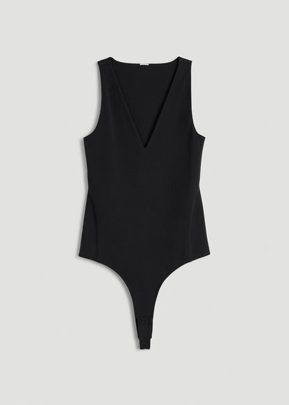 Cotton Blend Sleeveless V-Neck Bodysuit for Tall Women in Black