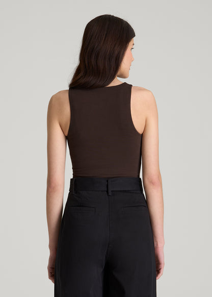 Cotton Blend Sleeveless V-Neck Bodysuit for Tall Women in Espresso