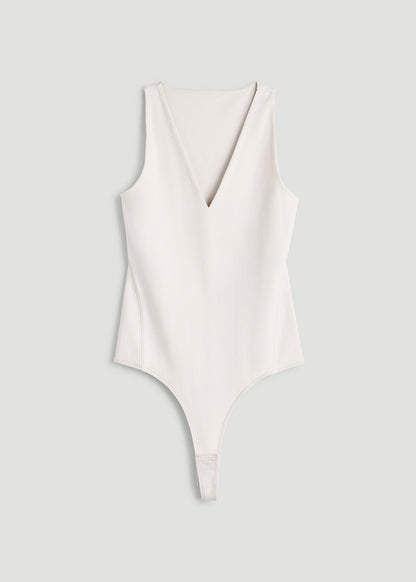 Cotton Blend Sleeveless V-Neck Bodysuit for Tall Women in White Sand