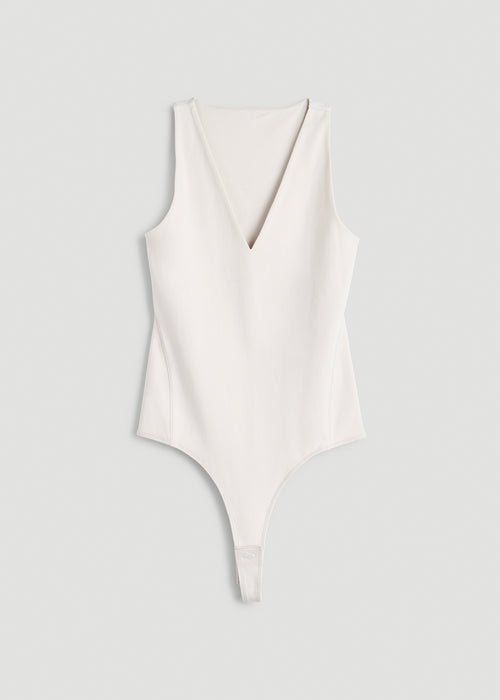 Cotton Blend Sleeveless V-Neck Bodysuit for Tall Women in White Sand