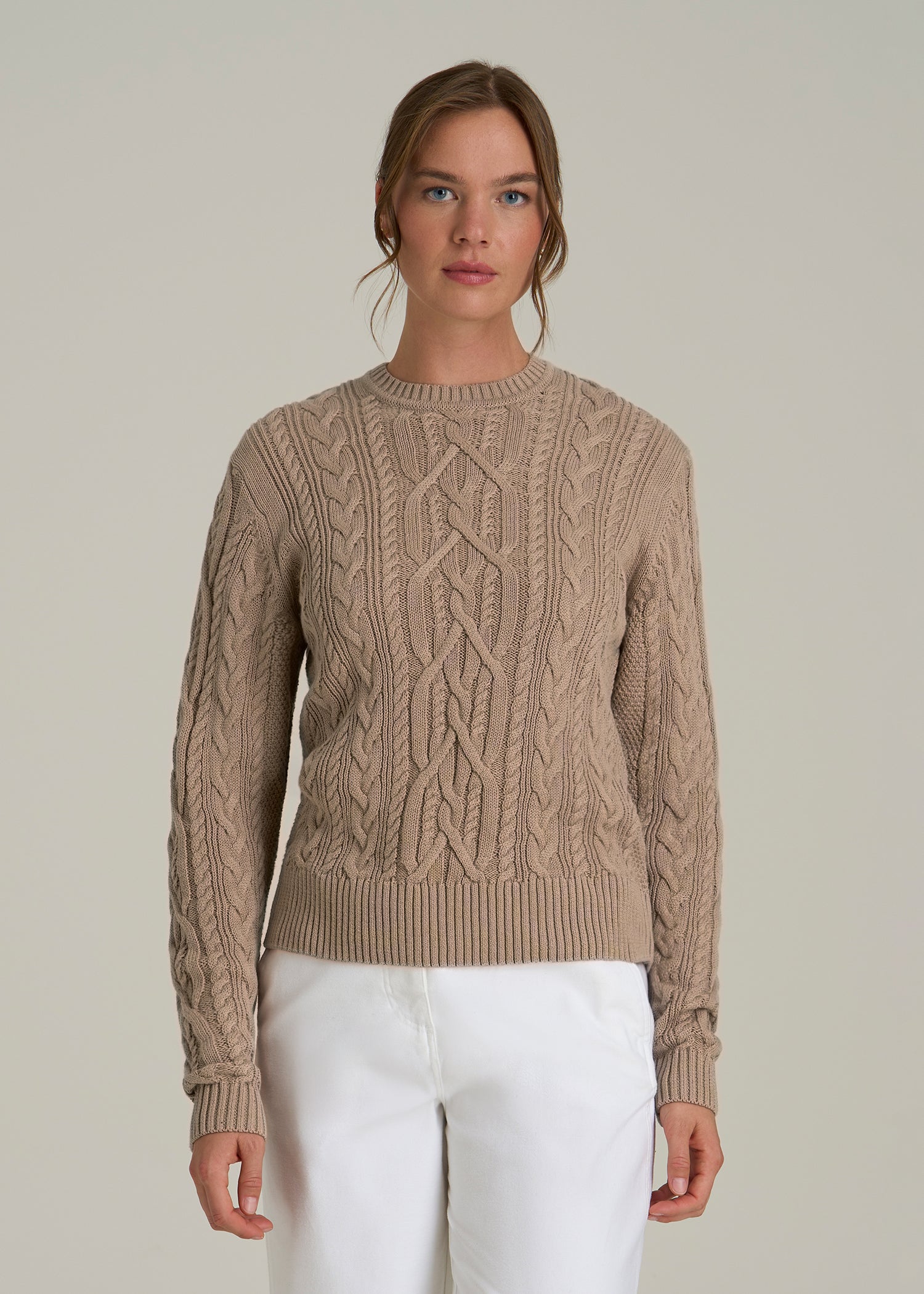 Cotton Crewneck Sweater for Tall Women in Stucco