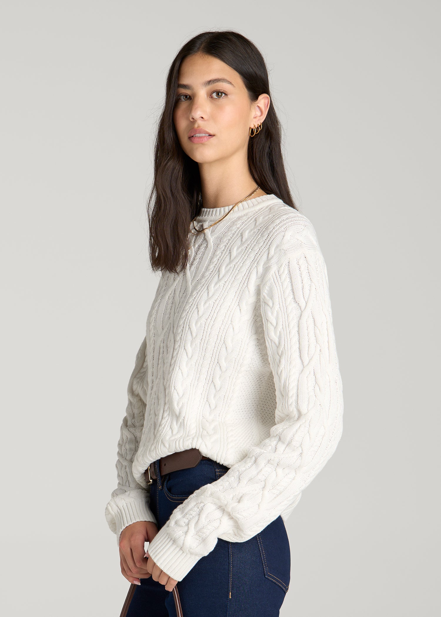 Cotton Crewneck Sweater for Tall Women in White Alyssum