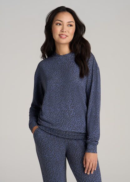 Cozy Lounge Crewneck for Tall Women in Navy Leopard